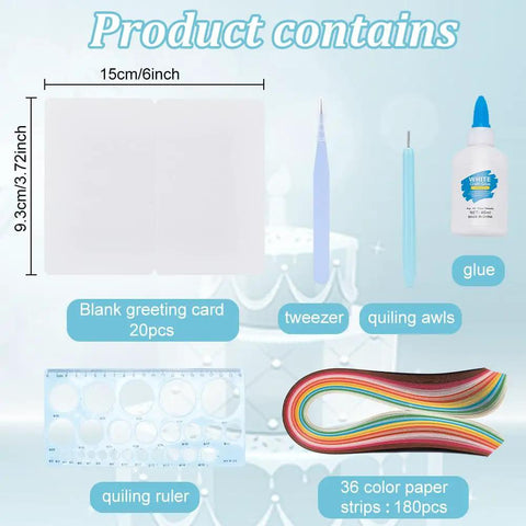 Beginner Friendly DIY Paper Quilling Kit With 36 Color Strips 20 Blank Cards Tools And Supplies shown with components