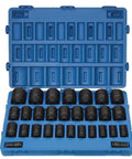 Real Deal Heavy Duty 3/4 Inch Drive Socket Set With 29 Deep Impact Sockets in a blue organizer case, showcasing various sizes.