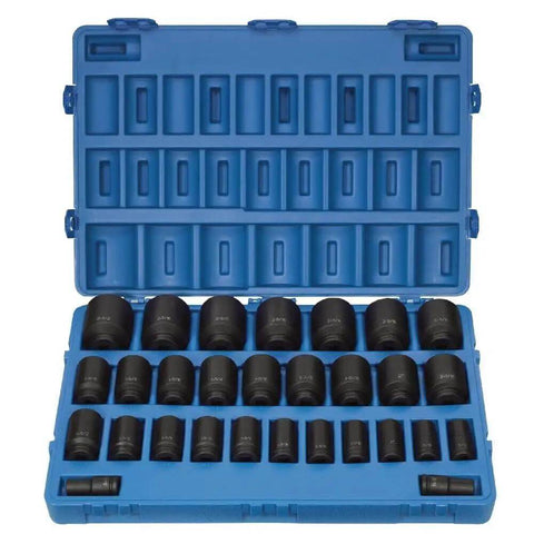 Real Deal Heavy Duty 3/4 Inch Drive Socket Set With 29 Deep Impact Sockets in a blue organizer case, showcasing various sizes.