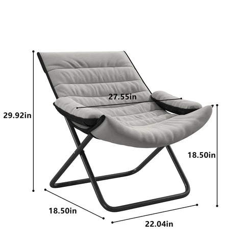 Three Position Adjustable Folding Recliner Chair With Ottoman And Armrests for a comfy portable lounge in gray, dimensions labeled