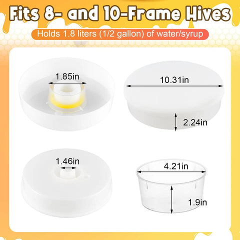 Round Bee Feeder Set, 4 Pack With Anti Drowning Sponges For 8 Frame And 10 Frame Hives, dimensions labeled for each part