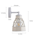 White Wall Sconces Set Of 2 With Adjustable 240 Degree Swing Arm Dope Boho Rattan Cage Lamps showing dimensions and design.
