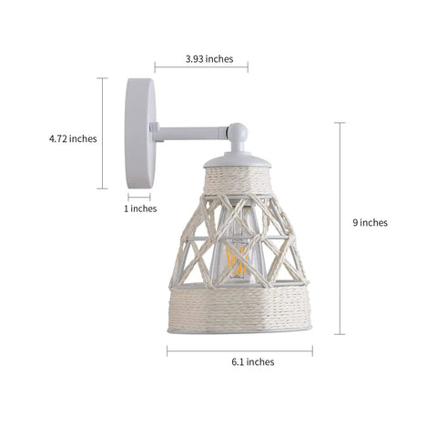 White Wall Sconces Set Of 2 With Adjustable 240 Degree Swing Arm Dope Boho Rattan Cage Lamps showing dimensions and design.