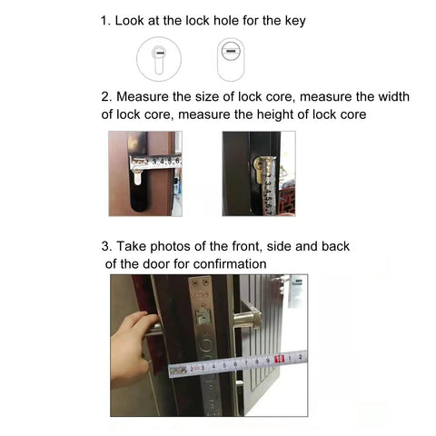 Instructions for measuring lock core size for Keyless Smart Cylinder Lock Featuring Touchscreen Keypad And Smartphone App Access Night Bolt Security.