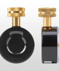 Front and side views of SCTSNSR 0–200 psi water pressure test gauge with brass hose thread in a black steel case.