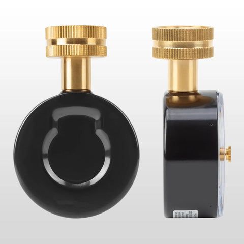 Front and side views of SCTSNSR 0–200 psi water pressure test gauge with brass hose thread in a black steel case.