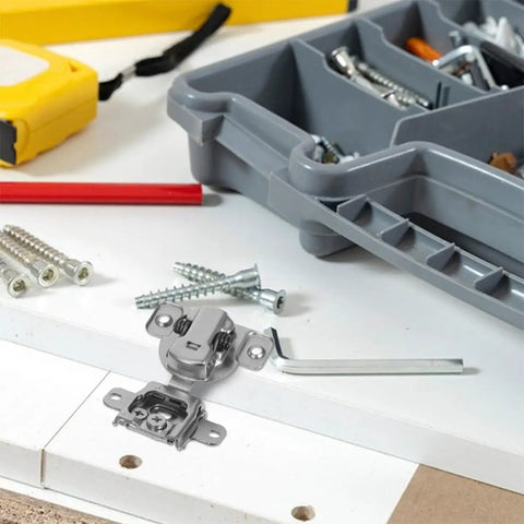 Concealed Invisible Cabinet Door Hinges Set of 2 with hardware, silver finish, shown on a white surface with tools.