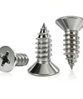 Rock Solid Hundred Pack Of Number 4 Flat Head Phillips Self Tapping Screws Crafted From Corrosion Resistant 304 Stainless Steel displayed.