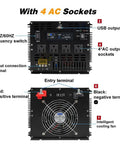 Beefy 5000 Watt Pure Sine Wave Power Inverter showing 4 AC outlets, USB port, and entry terminals with cooling fan.