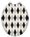 Round Black white checkered Toilet Seat features a diamond pattern, sturdy resin material, soft-close hinge for quiet use.