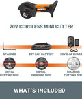 20V Cordless Mini Cutter 3 Inch Compact Angle Grinder Tool with 2 Cutting Discs 2.0Ah Battery and Charger Included display