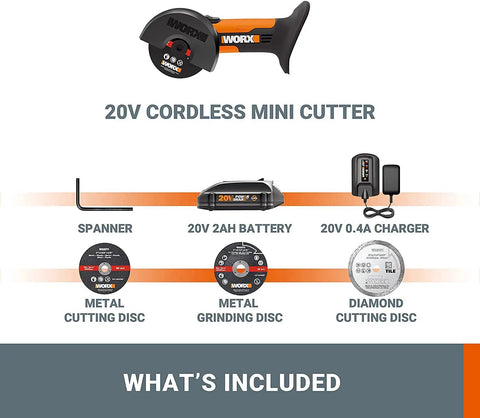 20V Cordless Mini Cutter 3 Inch Compact Angle Grinder Tool with 2 Cutting Discs 2.0Ah Battery and Charger Included display