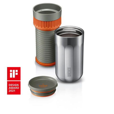 All In One Portable Coffee Maker With Vacuum Pressure Brew Hand Powered On The Go Coffee Brewer Insulated Stainless Steel Travel Mug 10 Ounce Thermo Cup Quick Fresh Brew For Commutes And Outdoors with separate components displayed.