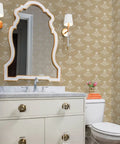 Custom Printed Block Print Faux Vinyl Wallpaper Featuring Subtle Leather Texture And Next Level Commercial Grade Durability Professional Paste Application For Event Spaces And Home Refreshes Built Tough in a bathroom setting with a vanity and mirror.