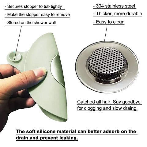 2-Pack Silicone Bathtub Stopper And Drain Filter Set For Hair Catching, Tub Plug Cover And Drain Strainer in Gray with hand.