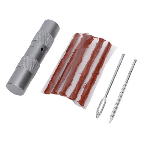 Essential Roadside Tire Repair Kit For Cars And Bikes Capsule Style Puncture Plug Tool with gray tool and plug strips.