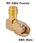 2 Pack SMA 90 Degree Right Angle Adapter Male SMA To RPSMA Female Coax Connector Gold Plated 50 Ohm Pro Grade Ultra Low Loss RF Elbow For FPV Drones WiFi Antennas Signal Boosters Radios, showing RP-SMA Female and SMA Male ends