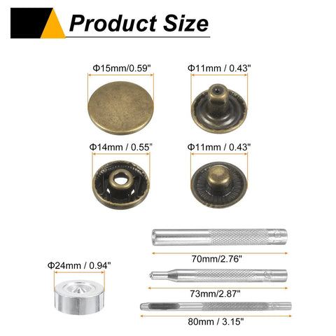 Heavy Duty Leather Snap Fastener Kit 42 Pieces Bronze Tone Press Stud Closure Buttons sizes and installation tools graphic.