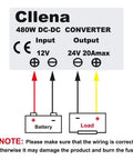 Beefy 12V To 24V Boost Converter Module wiring diagram showing input, output connections, 20A 480W specifications, user warning.