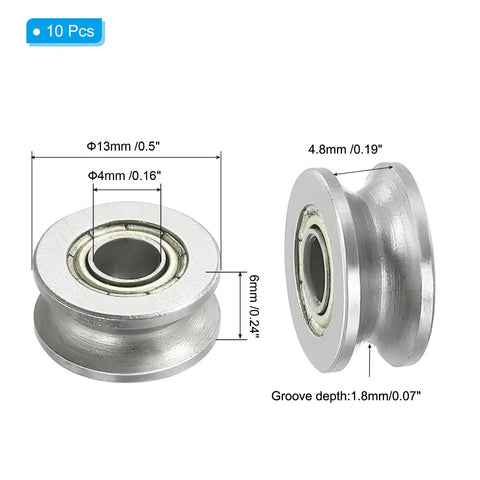 Built Tough Carbon Steel V Groove Bearing 10 Pack Sealed Ball Rail Roller Pulley 4mm Bore 13mm Outer 6mm Width, detailed view.