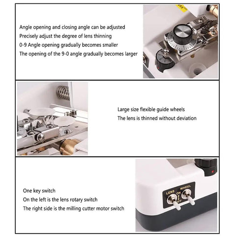 Heavy Duty Electric Lens Thinning Machine For Glasses Cutting And Grinding With Tungsten Steel Milling Cutter Fast Milling Speed For Resin And PC Lenses Zero Hassle Setup Workflow showing adjustable angle settings and guide wheels.