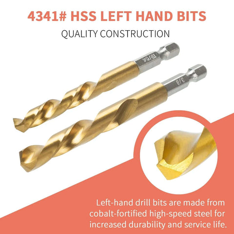 Two gold cobalt-fortified left-hand twist drill bits with hex shanks; circular inset shows tip.