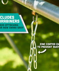 High Back Full Bucket Toddler Swing Seat With Finger Grip And No Pinch Plastic Coated Chains And Carabiners close-up of carabiner attachment