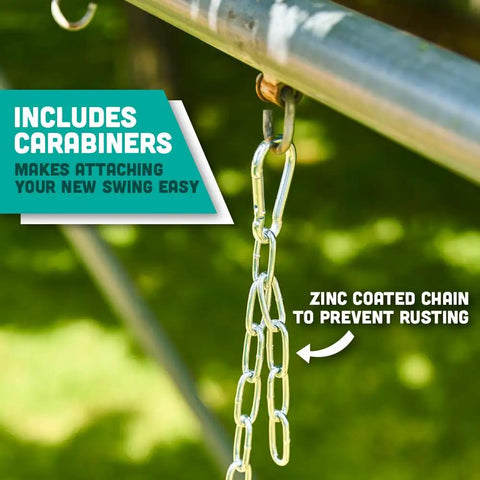 High Back Full Bucket Toddler Swing Seat With Finger Grip And No Pinch Plastic Coated Chains And Carabiners close-up of carabiner attachment