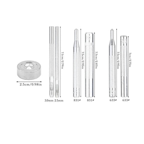 7 Pack Leather Rivet Setter Tools Kit For Leathercraft With Die Punch Snap Fasteners, Double Cap Rivets And Tubular Studs, displayed
