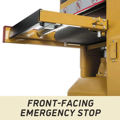 Front-facing emergency stop feature on Heavy Duty 16 Inch Open End Belt Sander 5 Hp 230V Single Phase Beast.