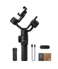 Smooth 5S AI Combo 3 Axis Gimbal Stabilizer For iPhone 15 Pro Max And Android with accessories, fill light and tripod, top view.