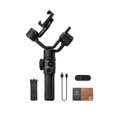 Smooth 5S AI Combo 3 Axis Gimbal Stabilizer For iPhone 15 Pro Max And Android with accessories, fill light and tripod, top view.