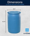 Heavy Duty 55 Gallon Plastic Drum Stackable Industrial Storage Barrel Chemical Resistant Liquid Container dimensions 22.5 x 22.5 x 34.75 inches