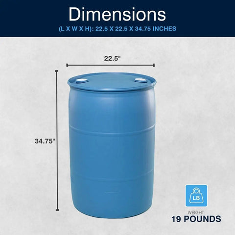 Heavy Duty 55 Gallon Plastic Drum Stackable Industrial Storage Barrel Chemical Resistant Liquid Container dimensions 22.5 x 22.5 x 34.75 inches