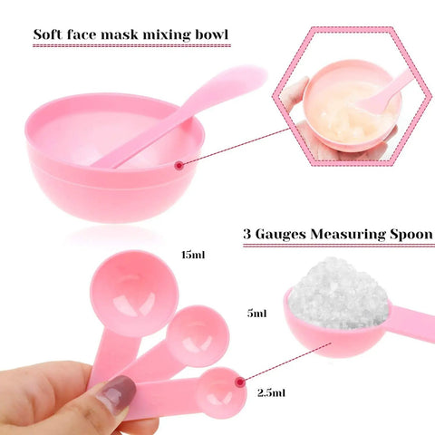 Pink mixing bowl and measuring spoons from All In One 11 Piece DIY Facial Mask Tool Kit For At Home Spa With No Fuss Mixing Bowl Spatula Silicone Brushes Spray Bottle Puff Soaking Bottle And Measuring Spoons Pink.