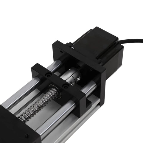 Ball screw linear actuator with NEMA 23 motor; black end plates, silver guide rails, 100mm travel.