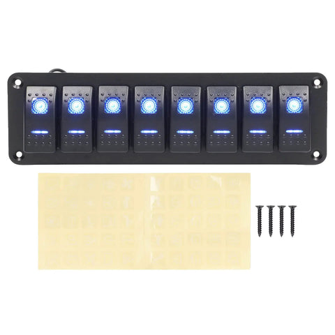 8 Gang LED Backlit Rocker Switch Panel Kit With Overload Protection pre wired, blue light switches, mounting screws, labels