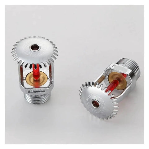 Kick Ass Brass Fire Sprinkler Heads 5 Pack 155F Upright Design showing red glass bulb and chrome finish for installation.