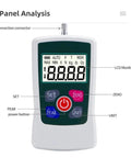 Digital Push Pull Gauge With Backlit Display Portable Dynamometer For On The Go Compression Tests AMF 500N Max 1 Percent Precision White Unit Requires Two AAA Batteries Not Included., white handheld dynamometer front view with LCD monitor and buttons