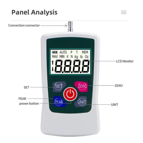 Digital Push Pull Gauge With Backlit Display Portable Dynamometer For On The Go Compression Tests AMF 500N Max 1 Percent Precision White Unit Requires Two AAA Batteries Not Included., white handheld dynamometer front view with LCD monitor and buttons