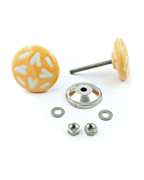 Slick Handmade Ceramic Pull Knobs, Set Of Twenty Bright Yellow Drawer Handles For Furniture And Cabinetry with chrome hardware