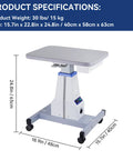 Motorized Ophthalmic Instrument Table With Drawer, Adjustable Electric Lift Cart in white, showing specifications and dimensions.