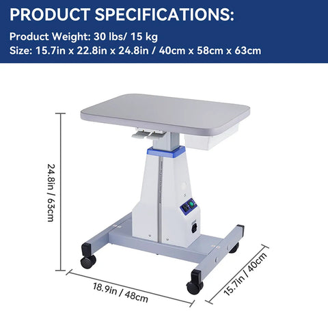 Motorized Ophthalmic Instrument Table With Drawer, Adjustable Electric Lift Cart in white, showing specifications and dimensions.