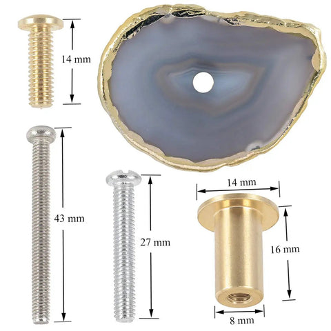 Natural Agate Slice Cabinet Knobs For Drawers And Cupboard Doors Solid Rough Edge Stone Drawer Pulls With Zero Hassle Mounting Total Home Glow Up Kit Pack Of Four, close up with screws and size dimensions.
