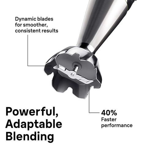 Close-up of dynamic blades on the Badass Eight Attachment Hand Blender With Slick Smart Speed Controls For consistent results.
