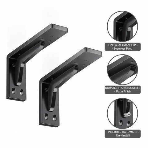 Heavy Duty Stainless Steel Triangular Shelf Brackets 2 Pack, L Shaped Wall Mount Supports with matte black finish and hardware
