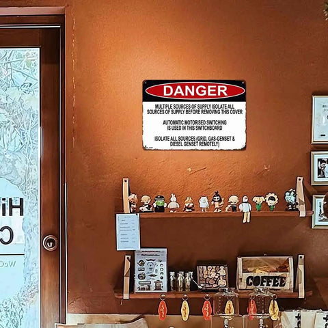12 By 8 Inch Aluminum Danger Sign For Multiple Power Supply Warning Rugged Built Tough Metal Plaque With Bold Color Graphics For Indoor Outdoor Use Ideal Electrical Safety Message On Industrial Installations. mounted on brown wall