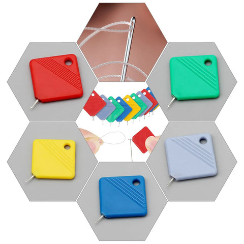 Automatic Needle Threader Set, 10 Pack For Small Eye Needles in assorted colors with easy threading hook visible.