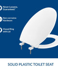 Heavy Duty Commercial Toilet Seat With Cover Elongated White Industrial Grade Stay-Tite Secure Install System Non Slip Stainless Steel Hardware Resists Rust Built To Last In Busy Restrooms, showing solid plastic construction with lid open and closed ring on blue background.