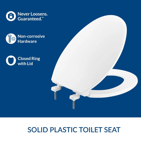 Heavy Duty Commercial Toilet Seat With Cover Elongated White Industrial Grade Stay-Tite Secure Install System Non Slip Stainless Steel Hardware Resists Rust Built To Last In Busy Restrooms, showing solid plastic construction with lid open and closed ring on blue background.